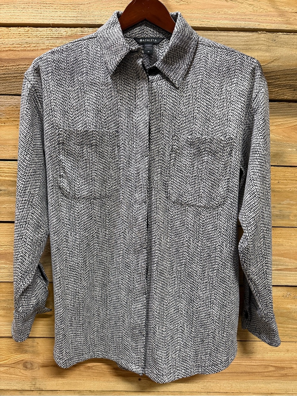 Athleta Black & White Patterned Button-Up Collared Top, Medium